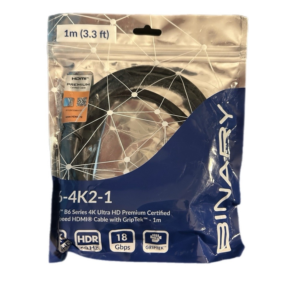 Binary B6 Series 4K Ultra HD Premium Certified GripTek HDMI Cable 1m (3.3ft)